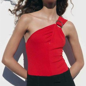 NEW Zara Ring Trim Cross Strap Bodysuit RED